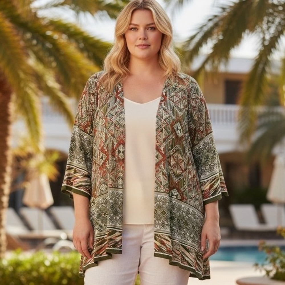 Catherines Kimono Cardigan Geometric Boho Earthy Resortwear Tribal‎ Safari 2XWP